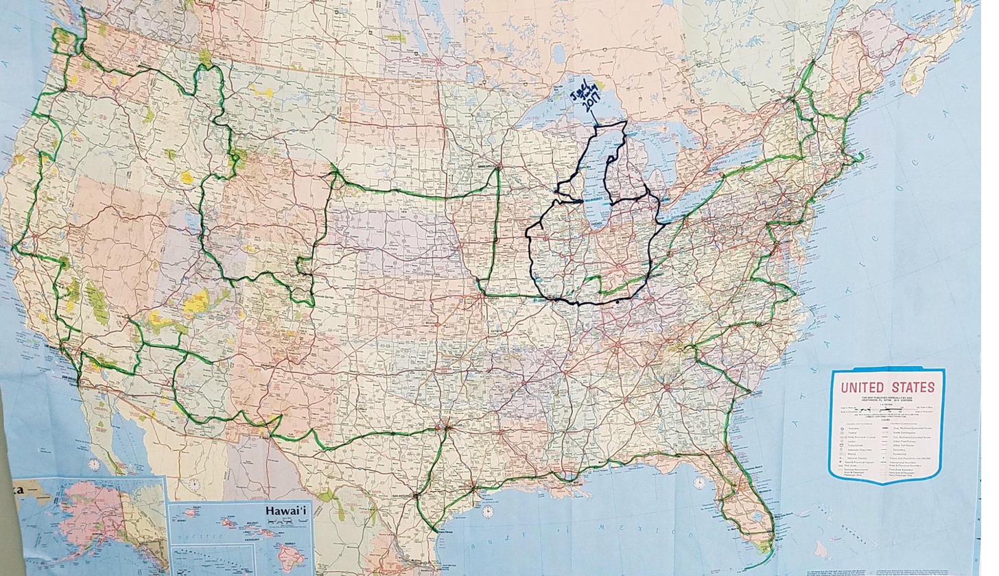 US road map showing the black Midwest Loop route and the green 14-month journey route traced by hand