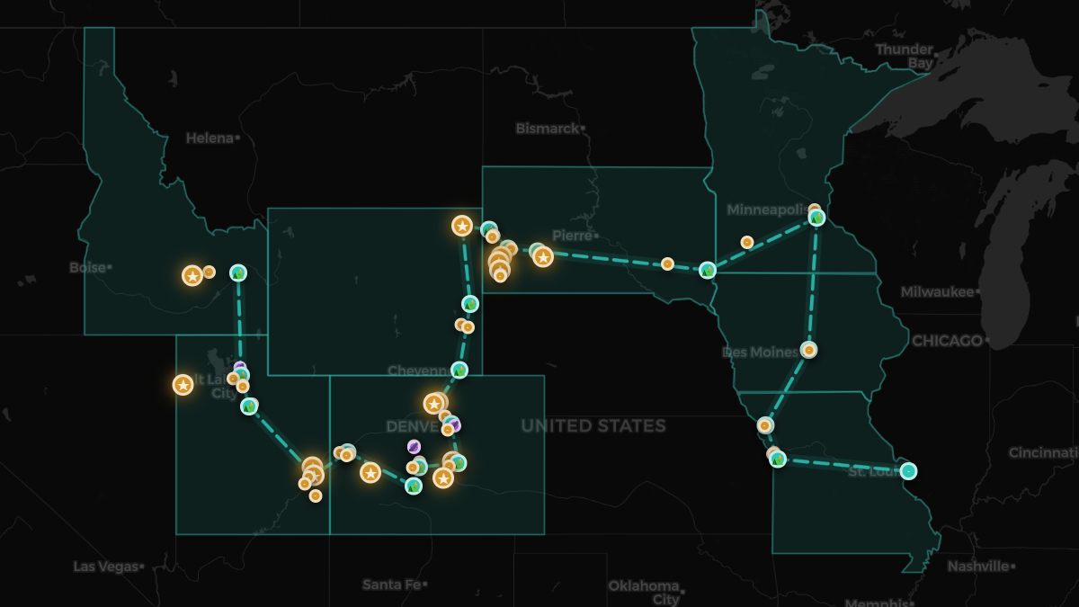 Interactive route map · all 21 stops across 8 states